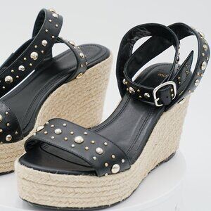 Maje Studded Leather Espadrille Wedge Sandals Black Ankle Strap